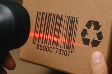 Barcode scanning on cardboard box with recycling symbol and red laser pointer for inventory management