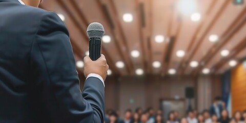 A man in a suit standing in front of a blurred audience in a conference room with a microphone in his hand.