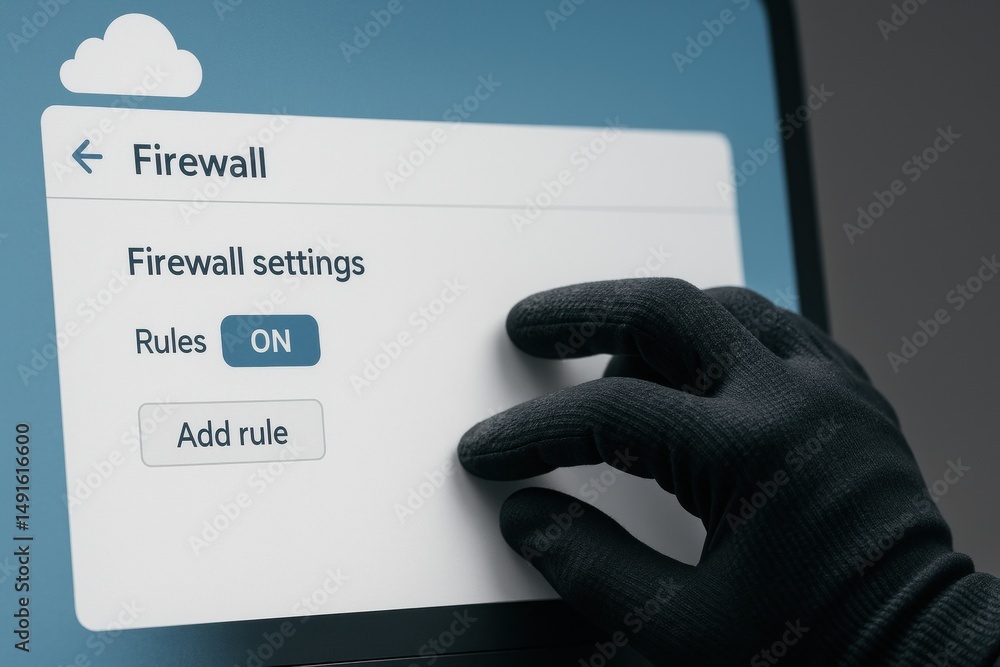 Aufkleber user adjusting firewall settings on a modern device with glove and cloud background