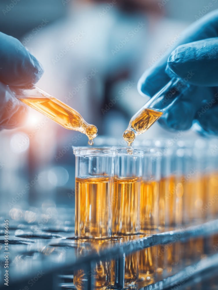 Poster close-up of lab technician adding liquid to test tubes with pipettes in a research laboratory settin