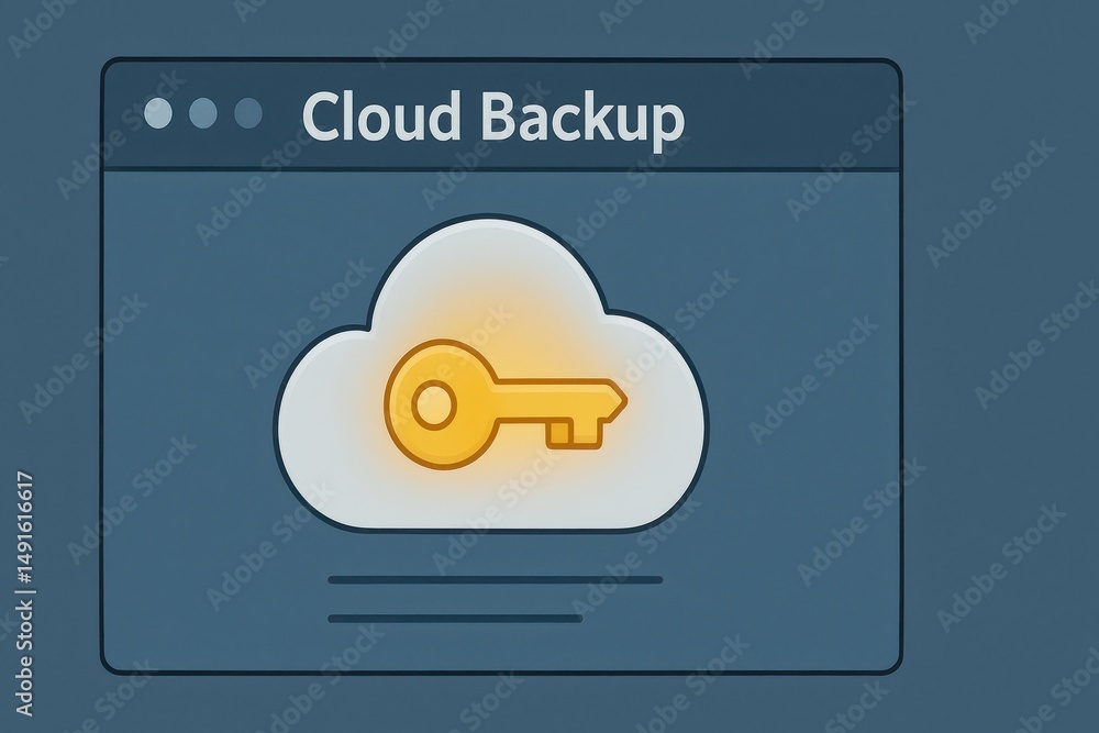 Poster cloud backup concept with digital key symbol on blue background for data protection and security