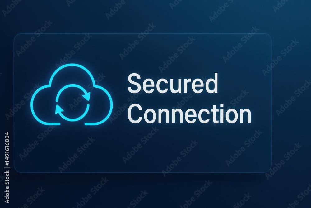 Poster secured connection for cloud data transfer with synchronization arrows and blue background