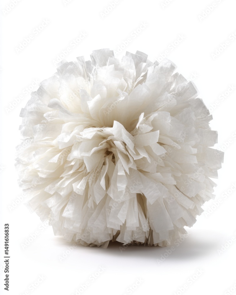 Poster close up of a white paper pompom on a white background studio shot with soft lighting for use as des