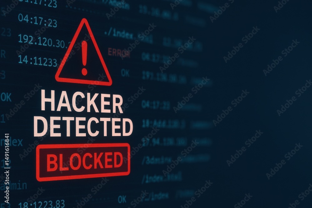 Poster alert message on digital screen indicating a hacker detection and blocked access notification