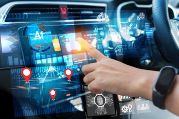 Smart car dashboard interface with AI and GPS technology in use by driver