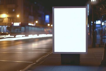A blank white billboard stands on a city street at night, with blurred lights and traffic in the background.