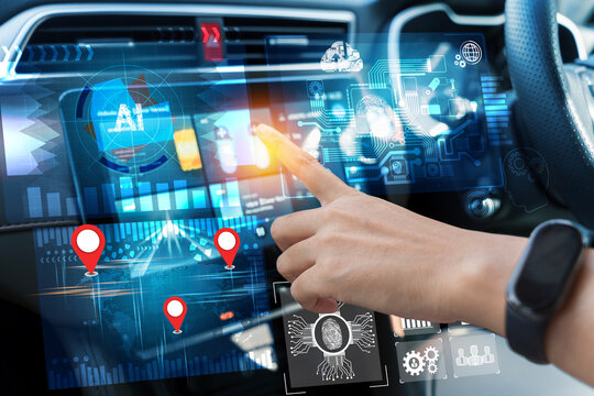 Smart car dashboard interface with AI and GPS technology in use by driver - Powered by Adobe