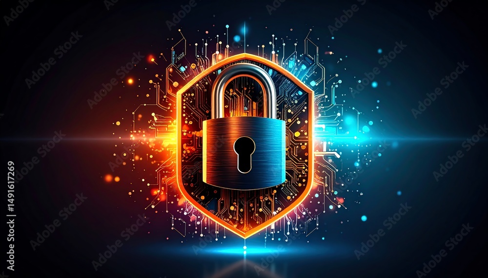 Aufkleber a digital shield featuring a padlock, symbolizing security and protection in a high-tech environment