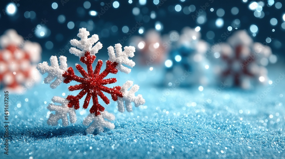 Sticker close-up of a white snowflake resting on a smooth blue surface with soft natural lighting.