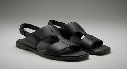 Black Leather Sandals Pair Displayed on a Neutral Background
