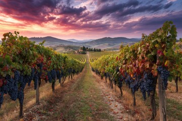 Fototapeta premium Vineyard rows stretch toward distant hills under a dramatic sunset sky in Tuscany Italy landscape view