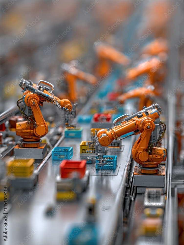 Poster robotic arms working on assembly line in factory setting industrial automation technology close up t