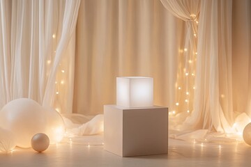 A minimalist scene with a luminous cube atop a beige pedestal, set against sheer curtains and warm fairy lights, flanked by white balloons
