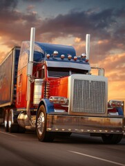 Red and blue semi truck driving on highway at sunset low angle commercial transport trucking industry