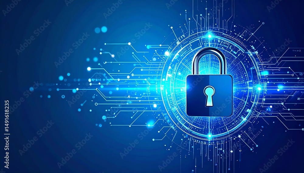 Poster a digital padlock surrounded by glowing circuit patterns, symbolizing cybersecurity and data protect
