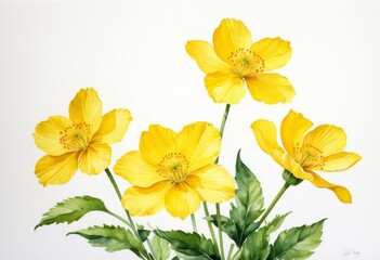 The vase with green leaves has yellow flowers