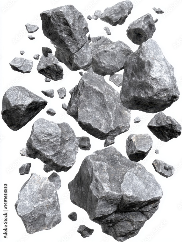 Poster floating rocks isolated on white background studio shot of various sizes and shapes for construction