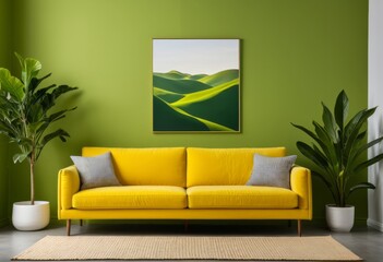 There is a plant on top of the brightly colored sofa in the green living room
