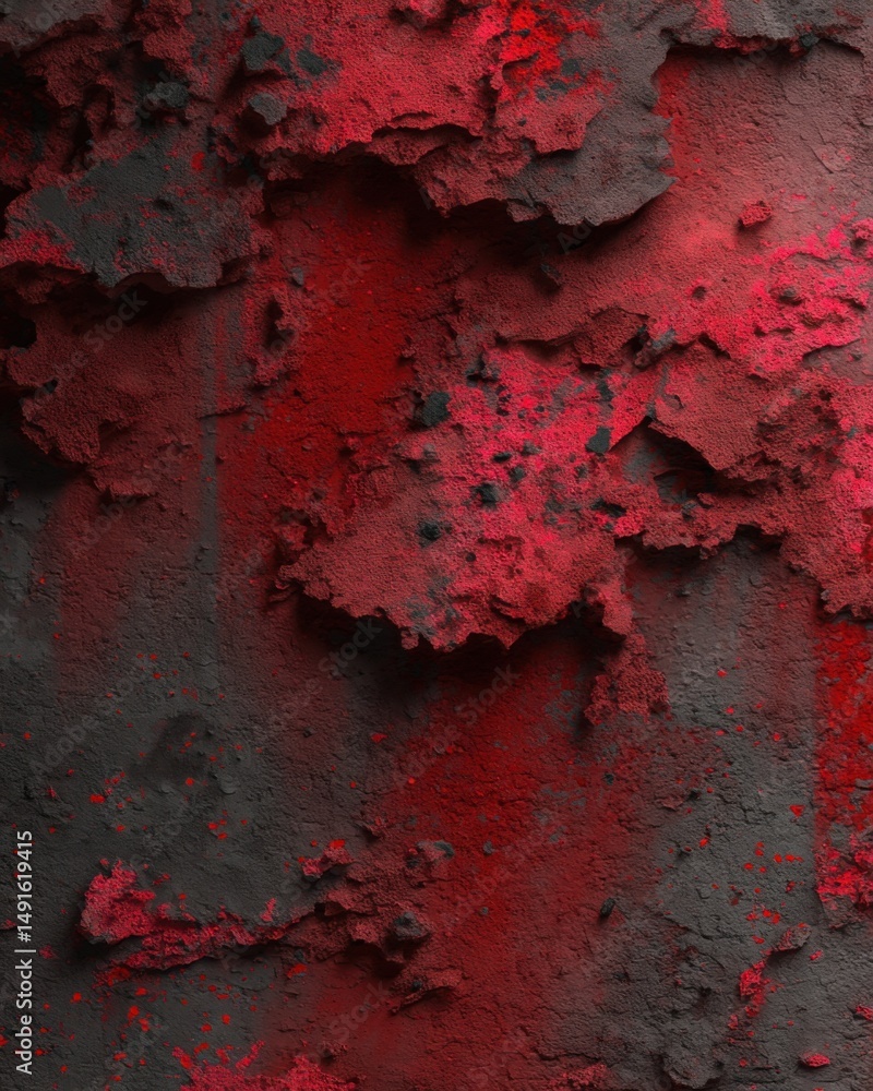 Poster red and gray textured wall with peeling paint in a close-up shot for abstract backgrounds and design