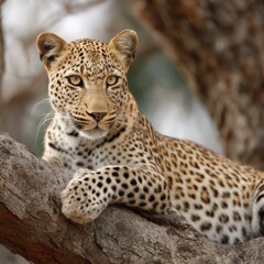 Obraz premium Leopard resting on tree branch, portrait view, wildlife photography, Kruger National Park, South Africa, nature reserve