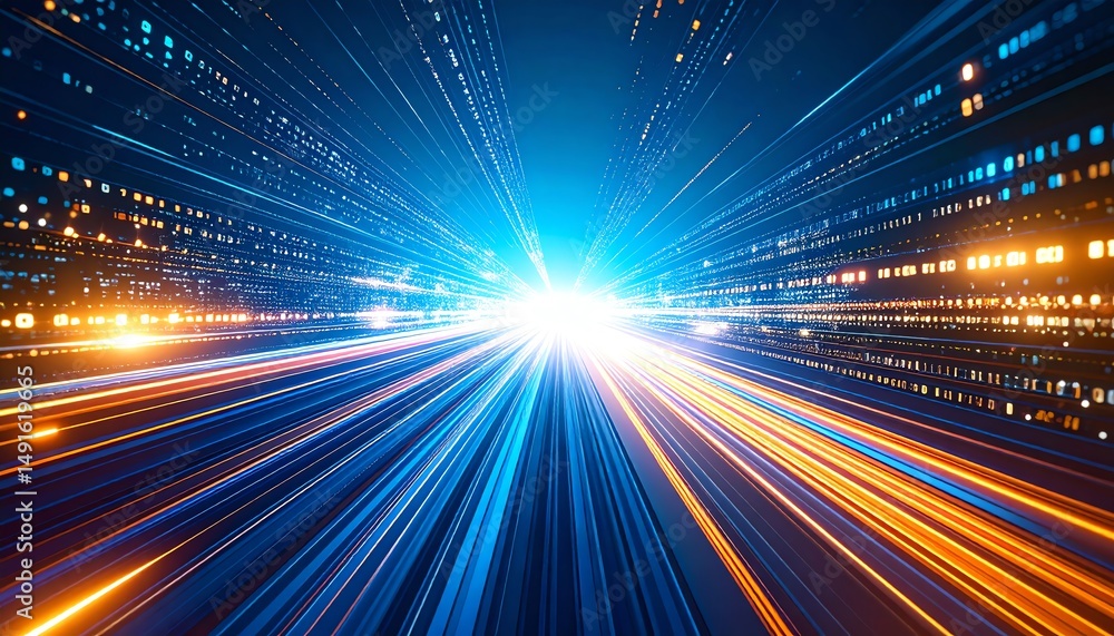 Poster a vibrant abstract representation of light trails, symbolizing speed and technology, with dynamic co