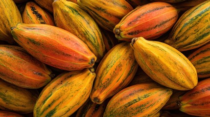 Close Up of Pile of Fresh Cacao Pods Ready for Harvest in Tropical Farm Overhead Shot