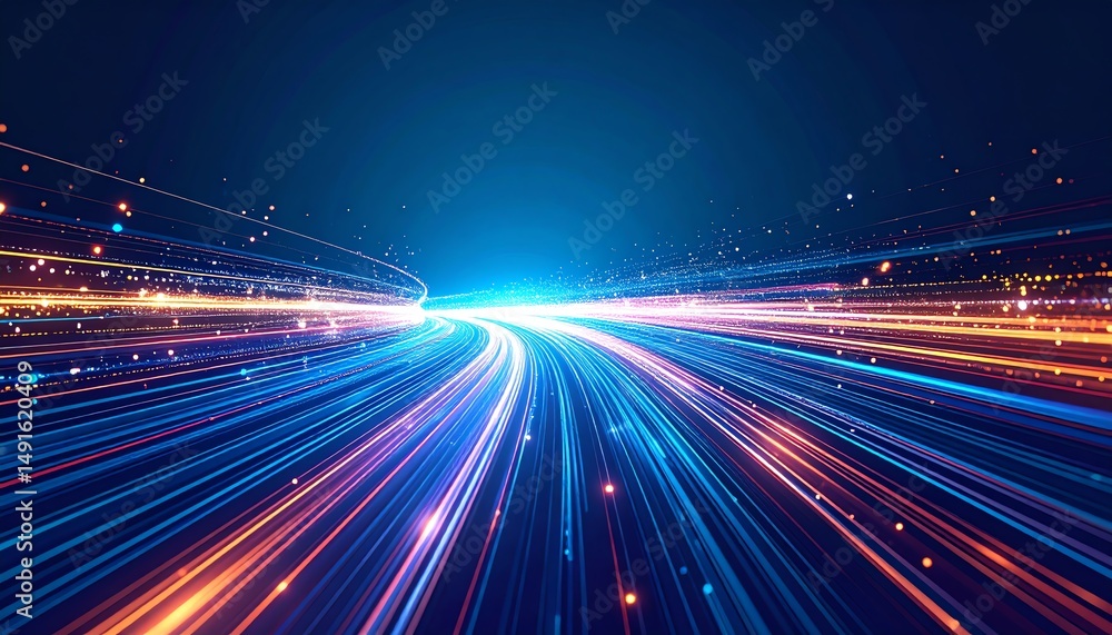 Poster dynamic streaks of light create a vibrant, futuristic scene, evoking speed and motion against a dark