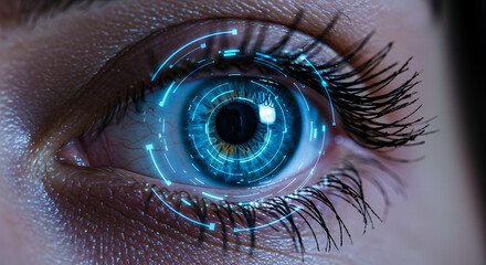 Enhanced Vision: Cybernetic Eye Overlay, Futuristic Technology Interface.