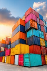 Fototapeta premium Stacked colorful shipping containers in a port terminal under a bright sky close up industrial freight transport logistics global trade