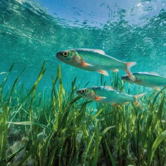 Fototapeta premium Underwater view of three fish swimming above green seagrass in clear turquoise water low angle