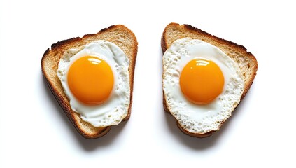 Two triangular slices of toasted bread, each topped with a perfectly fried egg, yolks intact, presented against a stark white background