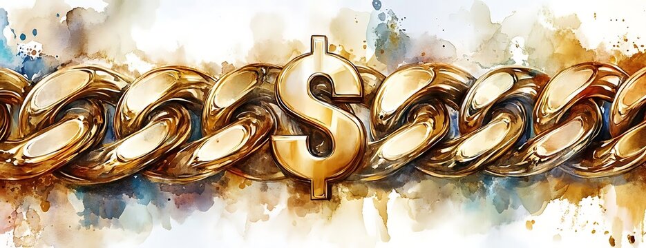 Gold chain, dollar sign, watercolor. Wealth concept