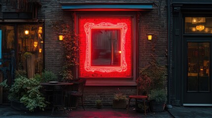 Red Neon Frame Window at Night