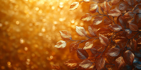Gold Abstract Background. Golden Leaves on a blurred golden background, copy space