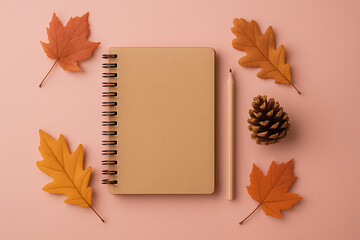 Autumn Flat Lay with Spiral Notebook, Pencil, Leaves, and Pine Cone on Warm Pink Background


