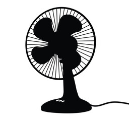 Fan silhouette. This image shows a black table fan outline with rotating blades, used for cooling air. Vector clipart illustration design.