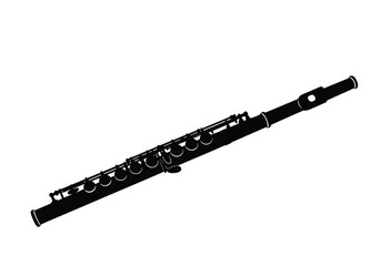 Flute silhouette. This image shows a black flute outline, a woodwind musical instrument. Vector clipart illustration design.
