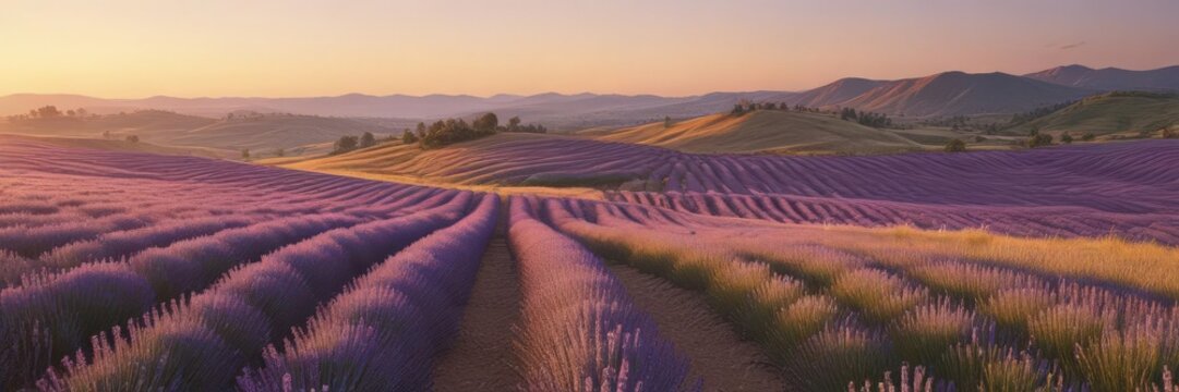 Golden light bathes rolling lavender hills at dawn,  lilac,  photo,  clouds
