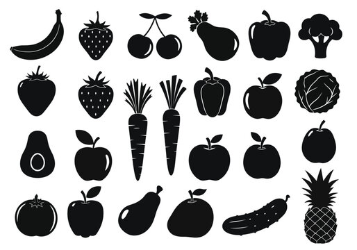 Fruits and vegetables silhouette. This image shows black fruit and vegetable outlines, representing a healthy diet. Vector clipart illustration design.
