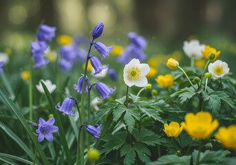 Fototapeta premium Vibrant Spring Wildflowers Bluebells, Anemones, and Buttercups in a Lush Forest, Nature's Beauty.
