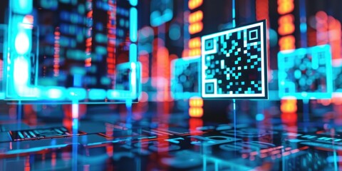 A digital QR code with a blue and white background, surrounded by a futuristic cityscape with neon lights and holographic elements.
