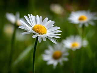 Sunlit daisies bask under soft light in detailed close-up capturing pure realism across meadow backdrop