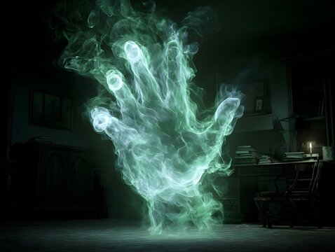 Mysterious ectoplasm coalesces into ghostly hand form invoking eerie atmosphere in supernatural visual haunting narrative