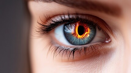 Close-up of a woman's eye with a fiery effect