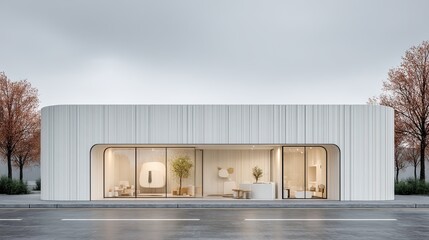 Minimalist Boutique Curved White Facade with Glass Display, and Autumn Trees.