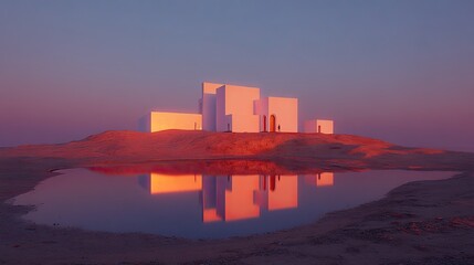 Minimalist Architecture at Sunset Geometric Buildings Reflect in Desert Oasis.