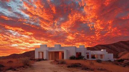 Desert Dreamscape Modern Home Under Fiery Sunset Sky Serenity  Beauty.