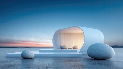 Minimalist Retreat Modern Structure with Serene Sunset, and Abstract Design.