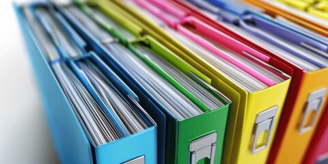 A colorful stack of binders with various colored paper inside, placed on a white surface.