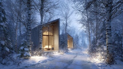 Winter Retreat Modern cabins nestled in snowy forest landscape.